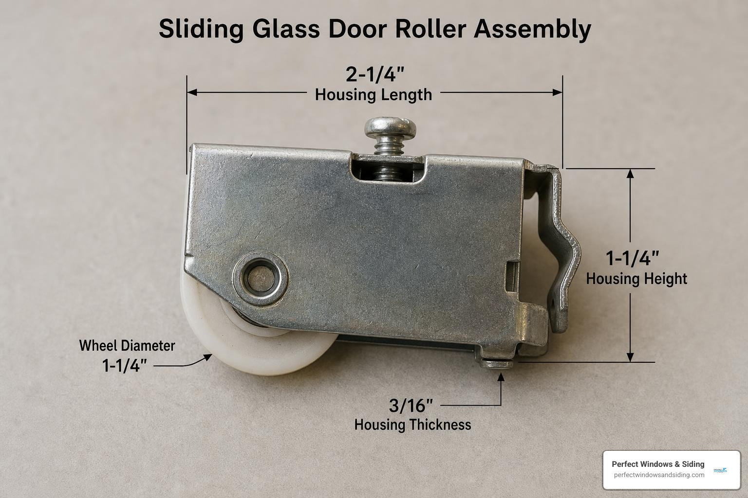 removed sliding glass door roller assembly with labeled wheel diameter and housing measurements