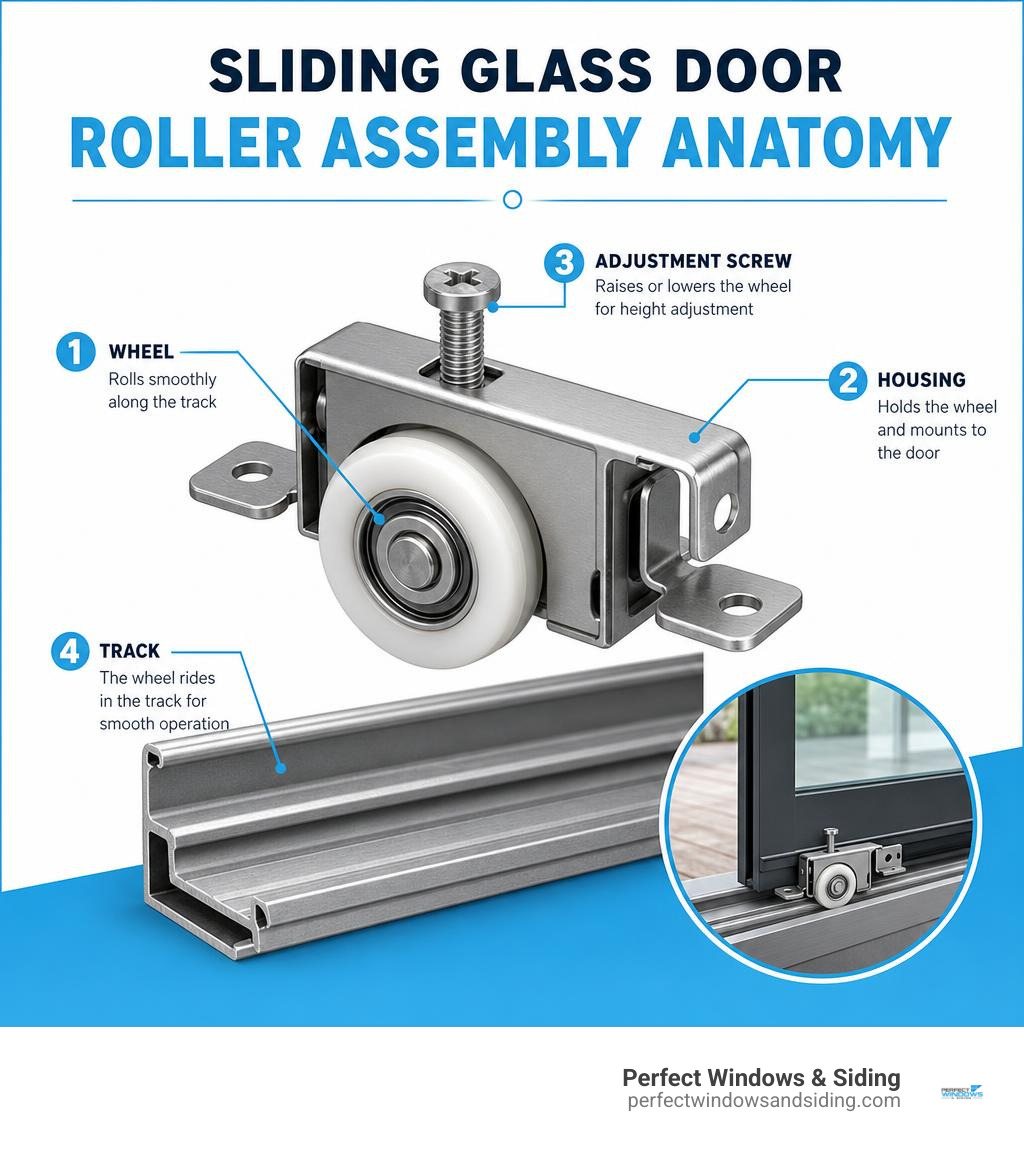 Sliding glass door roller assembly anatomy infographic showing wheel, housing, adjustment screw, and track infographic