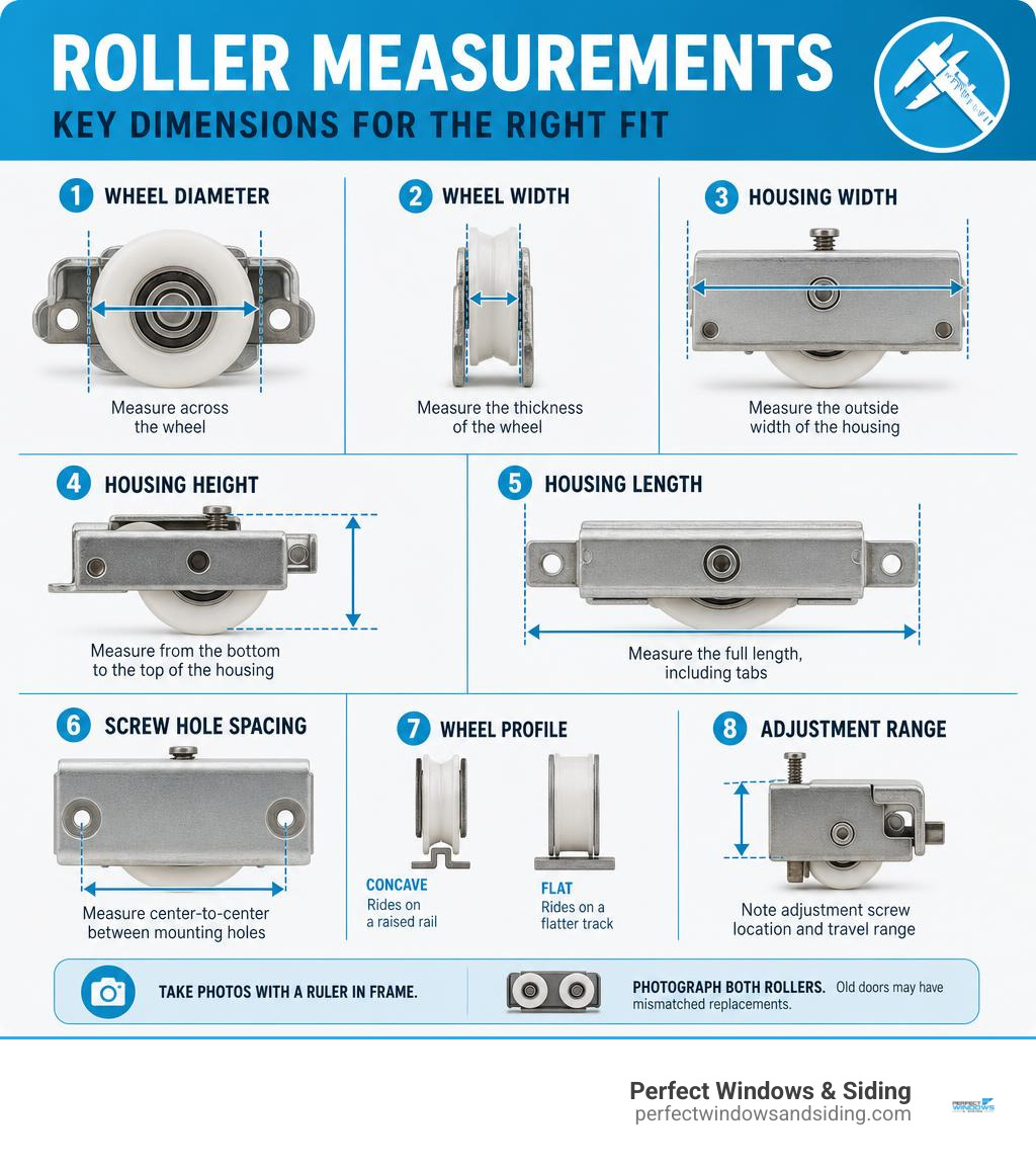 Infographic showing key roller measurements: wheel diameter, housing width, height, length, and screw spacing infographic