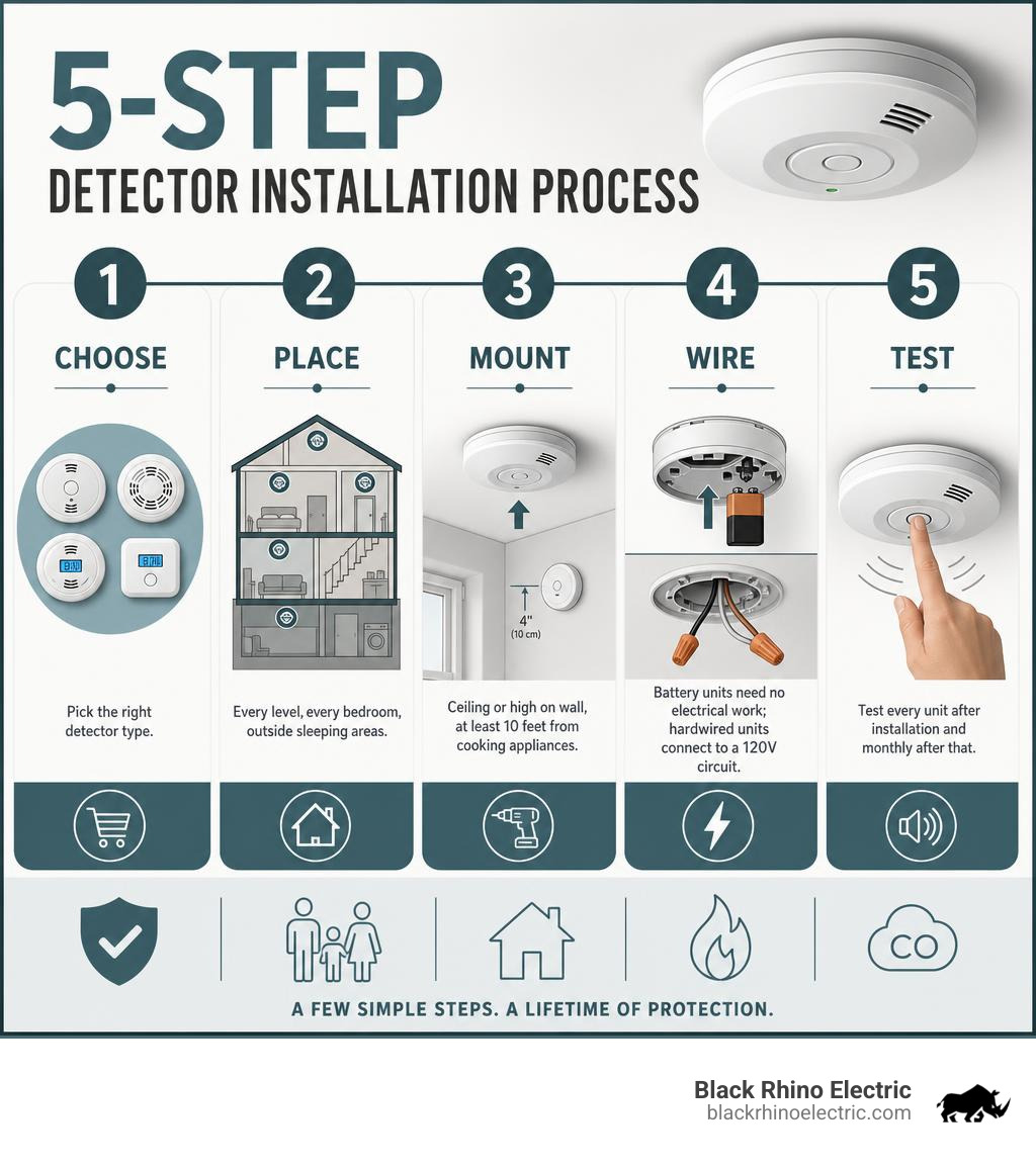 5-step detector installation process infographic showing choose, place, mount, wire, and test stages infographic