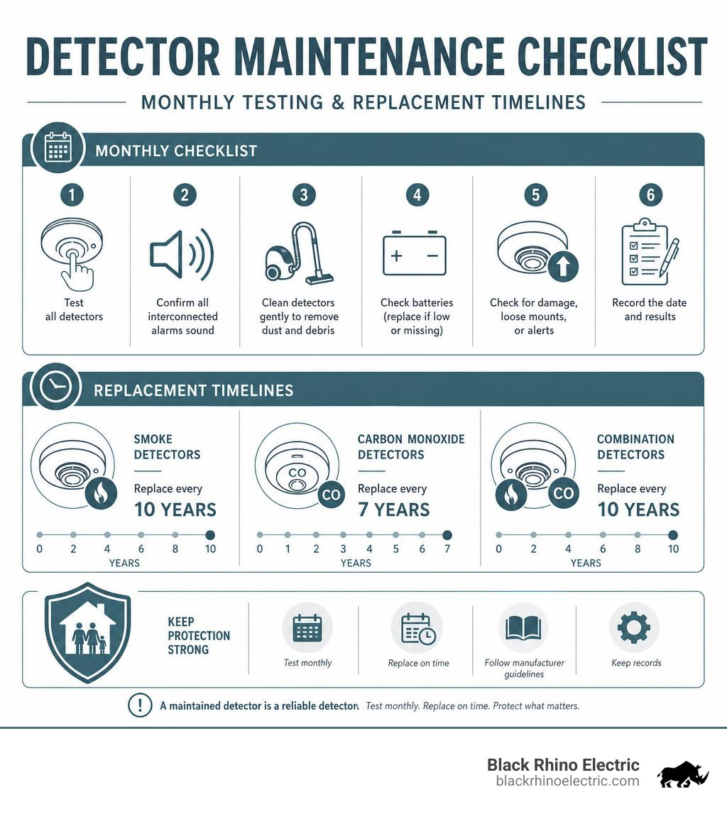 detector maintenance checklist infographic with monthly testing and replacement timelines infographic