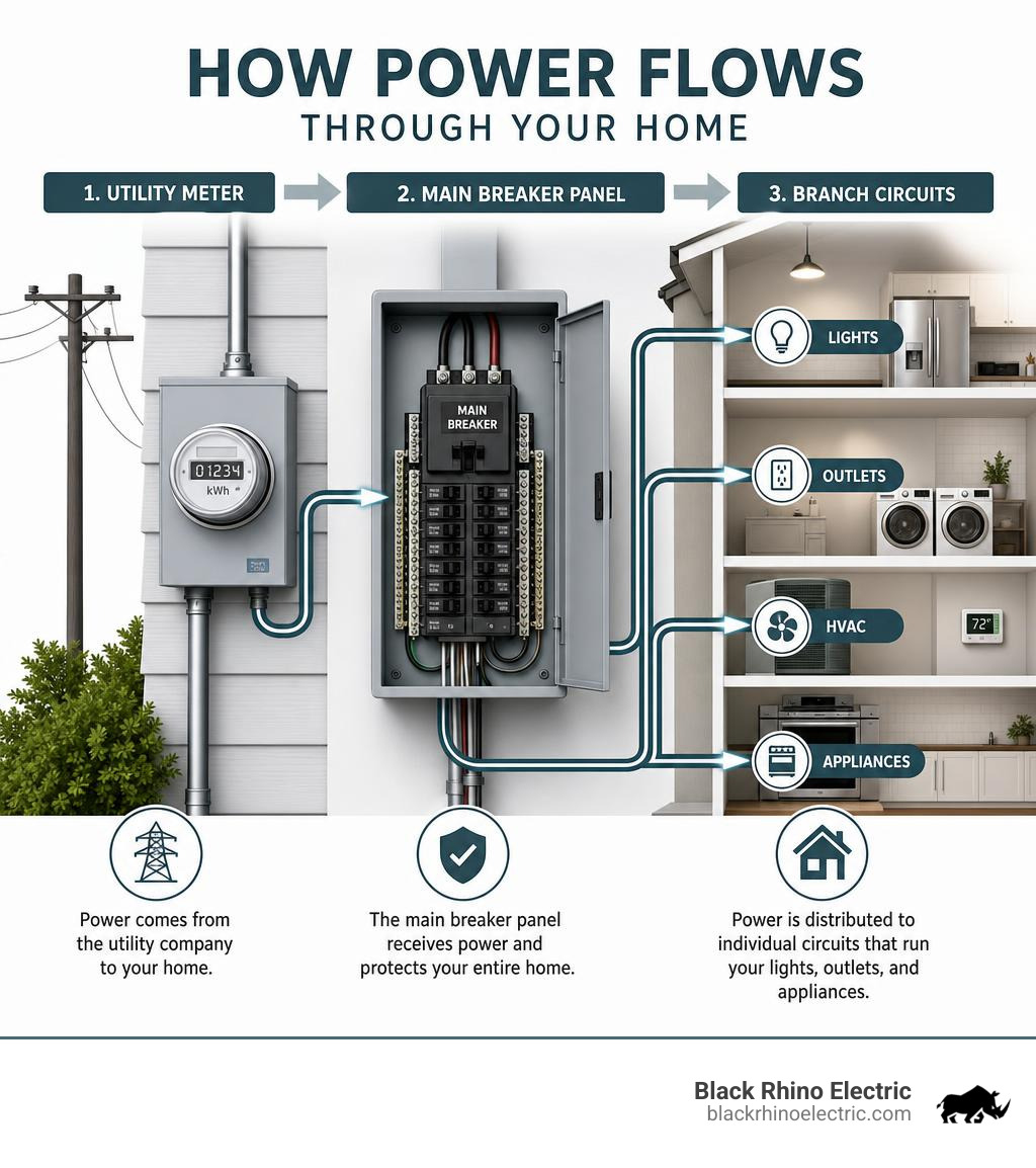 Infographic showing how power flows from utility meter to main breaker to branch circuits in a home infographic