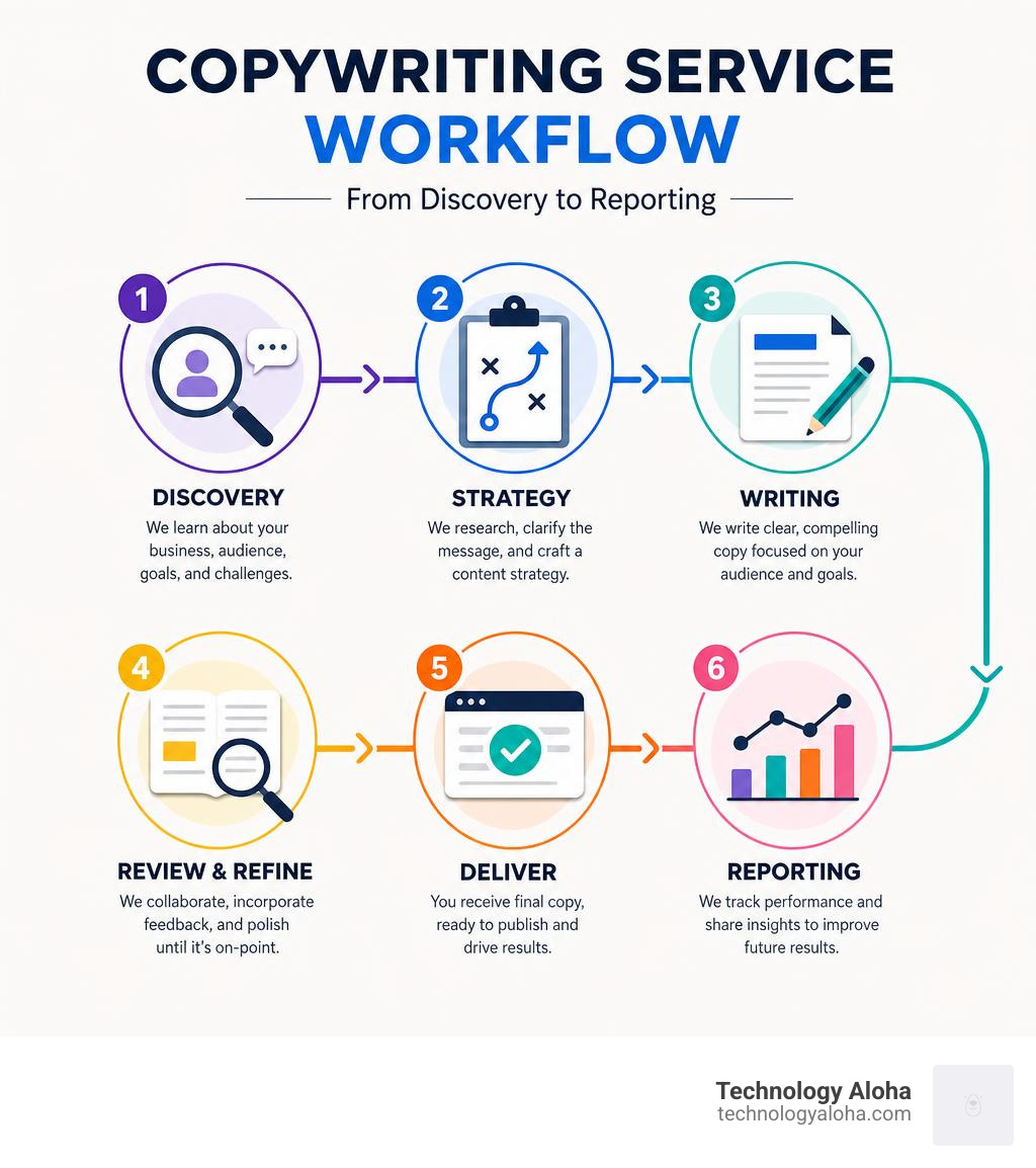 Infographic explaining copywriting service workflow from discovery to reporting infographic