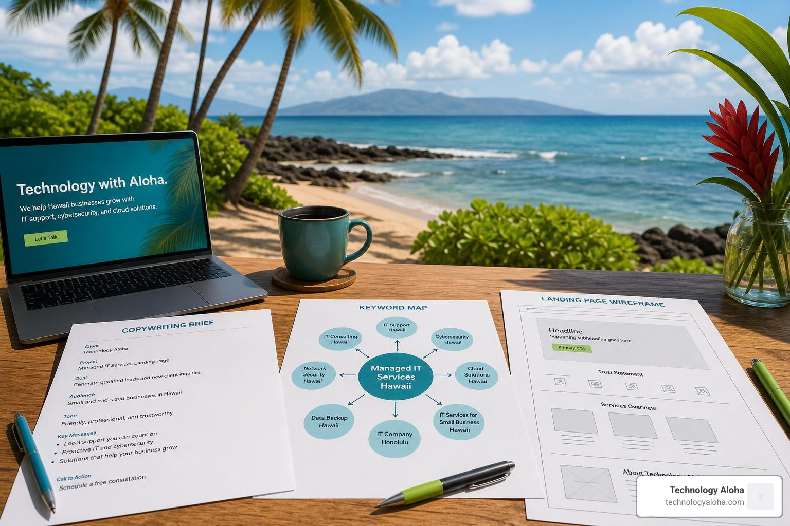 Copywriting brief, keyword map, and landing-page wireframe with palm trees and brand colors