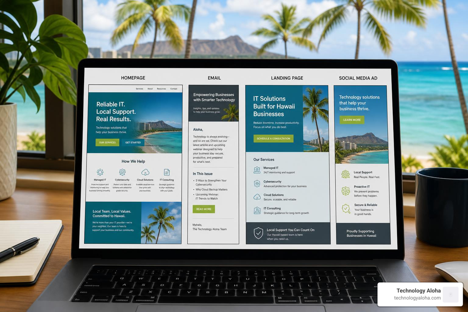 Platform-specific copy blocks for homepage, email, landing page, and social ad
