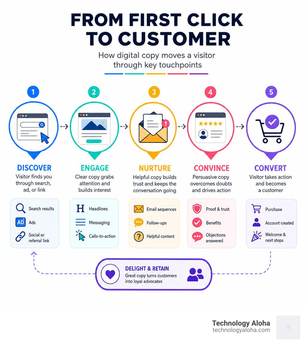 Infographic showing how digital copy moves a visitor from first click to customer through key touchpoints infographic