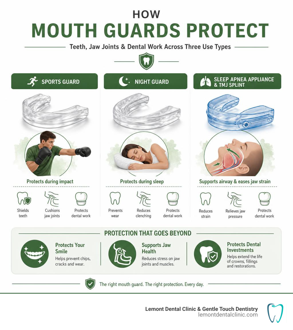 Infographic showing how mouth guards protect teeth, jaw joints, and dental work across three use types infographic Infographic showing how mouth guards protect teeth, jaw joints, and dental work across three use types infographic