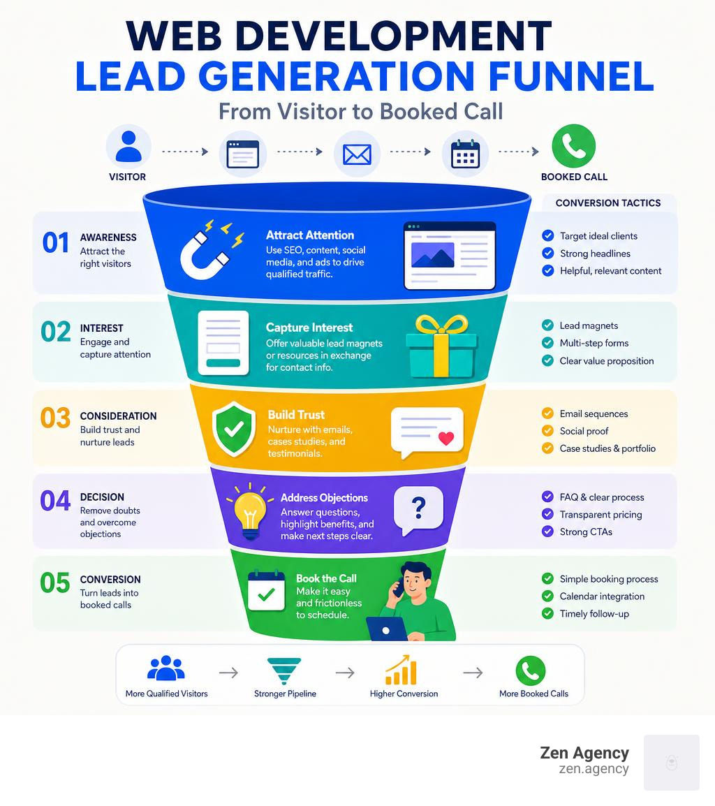 Web development lead generation funnel from visitor to booked call showing stages and conversion tactics infographic Web development lead generation funnel from visitor to booked call showing stages and conversion tactics infographic