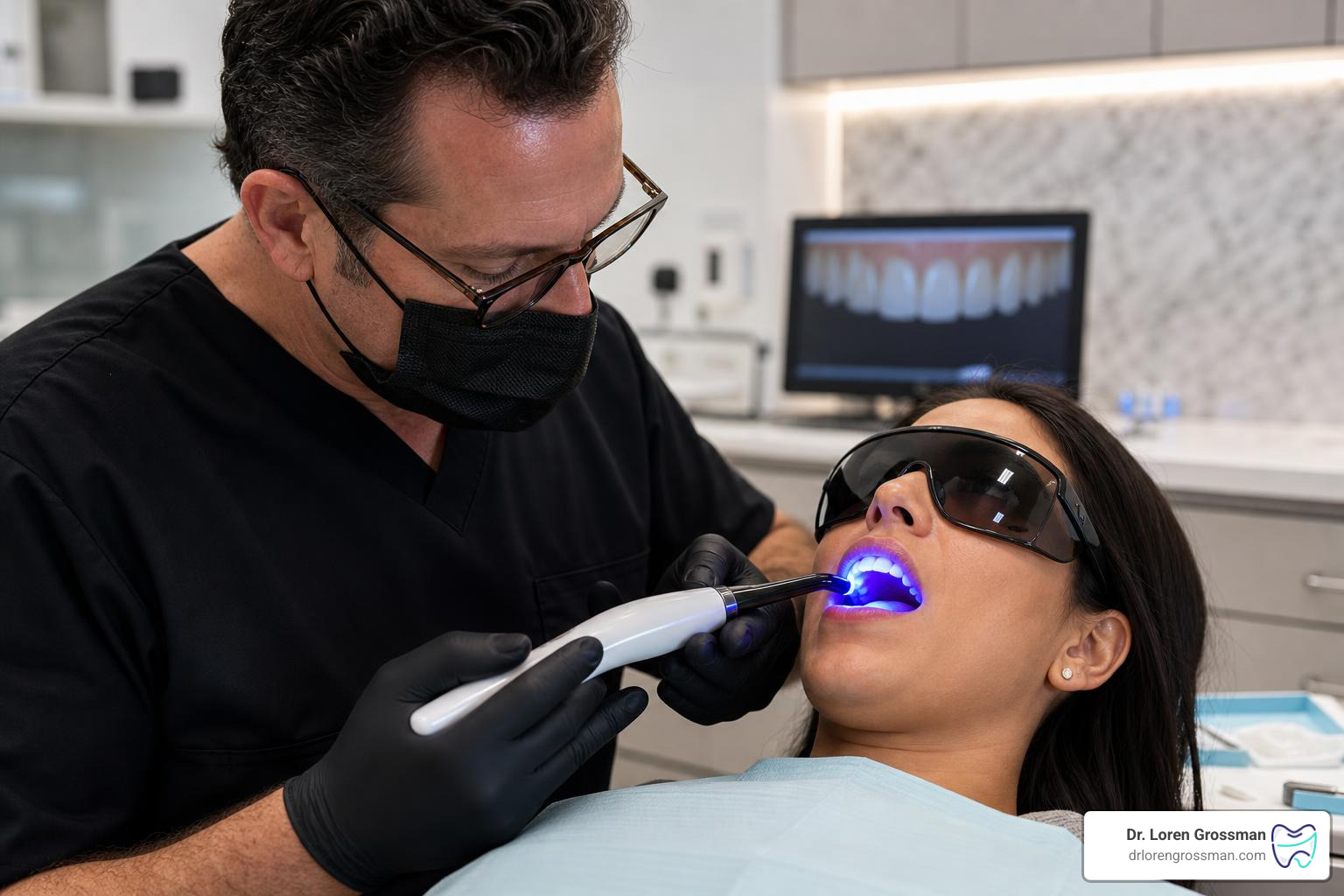 dentist curing the dental cement on veneers using a specialized UV blue light dentist curing the dental cement on veneers using a specialized UV blue light