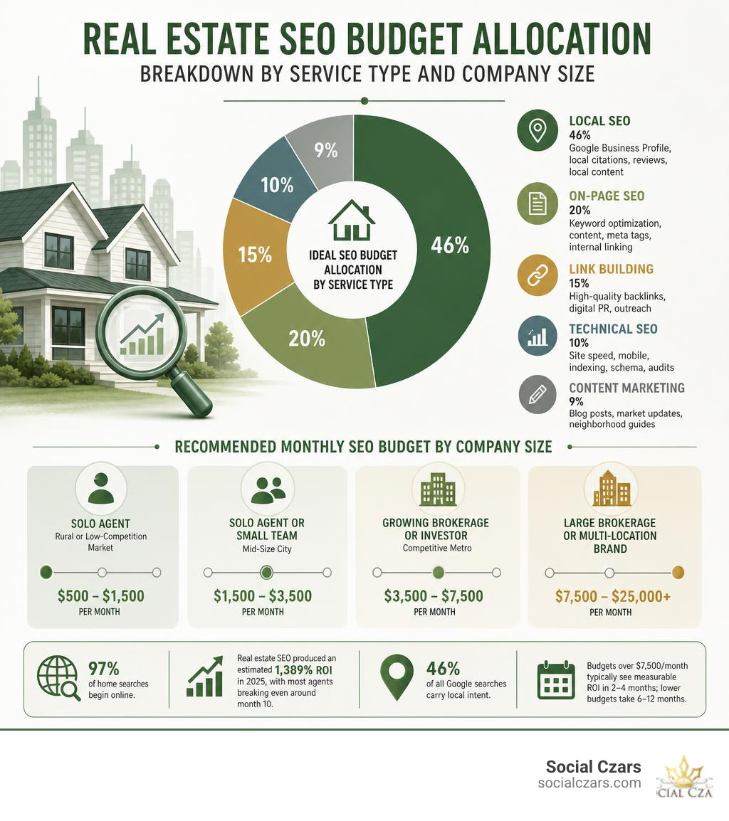 Real estate SEO budget allocation breakdown by service type and company size infographic
