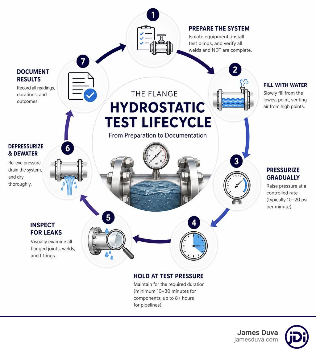 Infographic showing flange hydrostatic test lifecycle from preparation to documentation infographic Infographic showing flange hydrostatic test lifecycle from preparation to documentation infographic