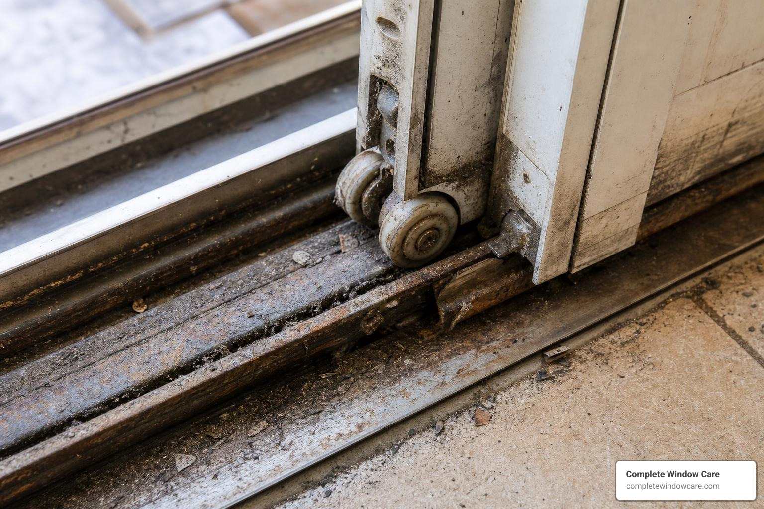 worn patio door rollers and damaged sliding track
