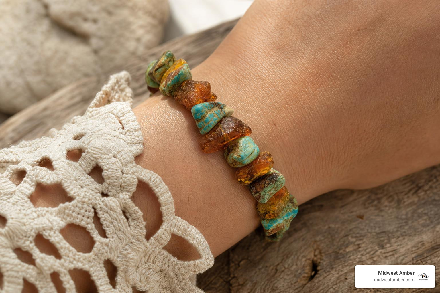 raw cognac amber and turquoise jasper bracelet