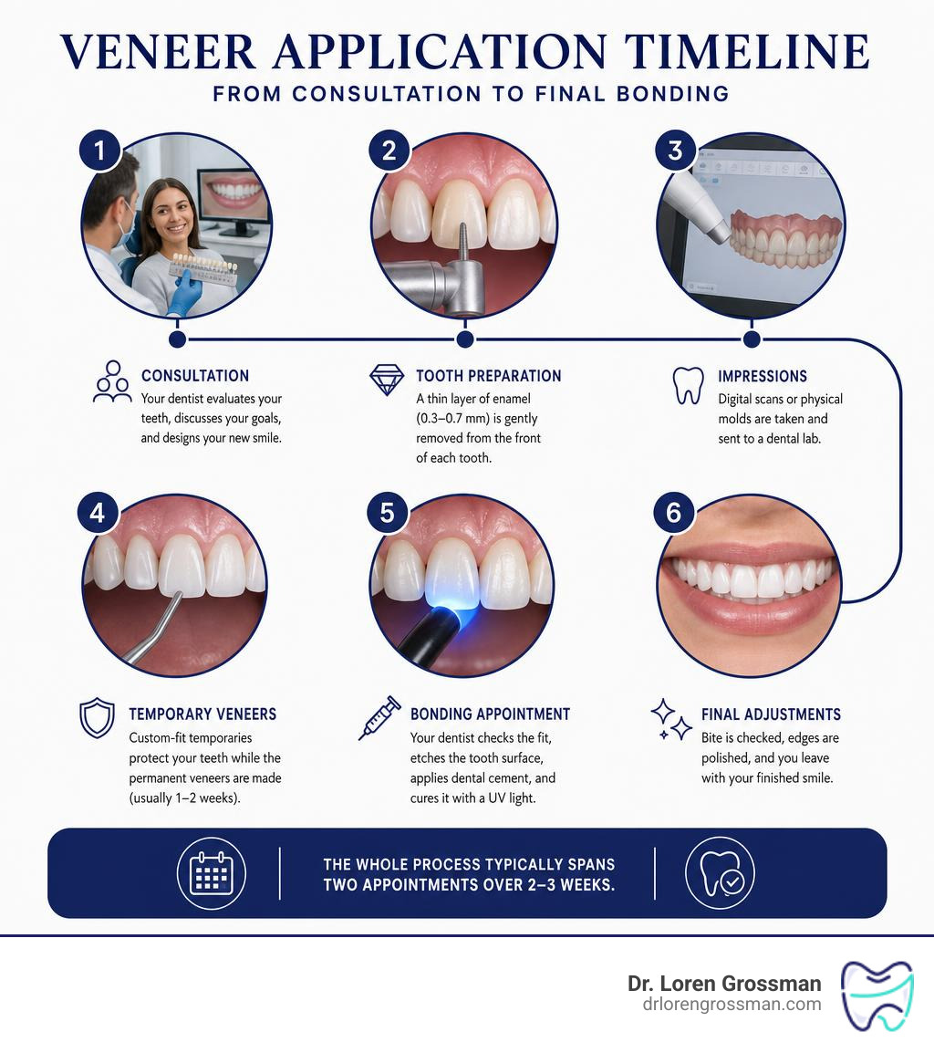 Veneer application timeline infographic: consultation to final bonding step-by-step infographic Veneer application timeline infographic: consultation to final bonding step-by-step infographic