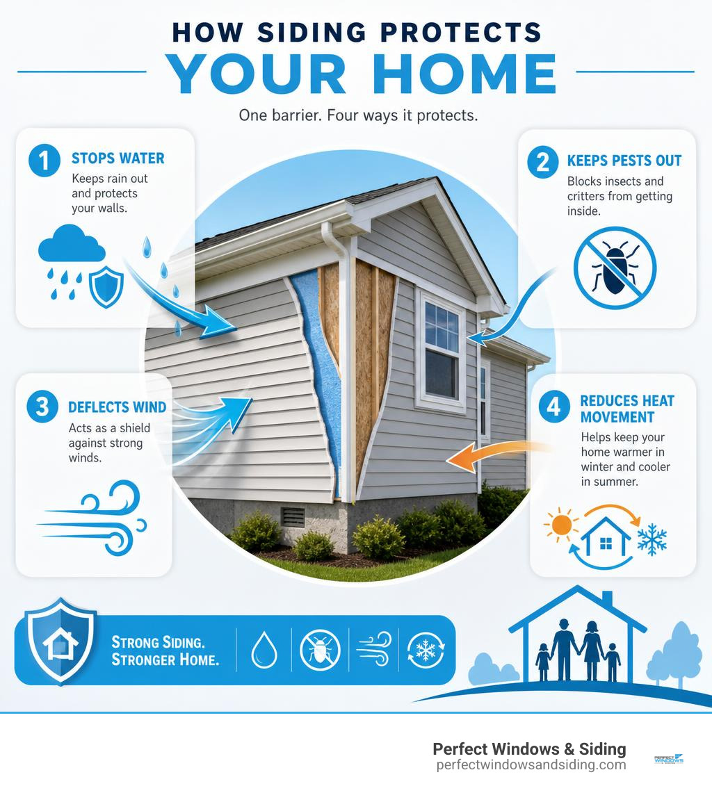 Infographic showing how siding protects a home from water infiltration, pests, wind, and heat movement with numbered steps Infographic showing how siding protects a home from water infiltration, pests, wind, and heat movement with numbered steps