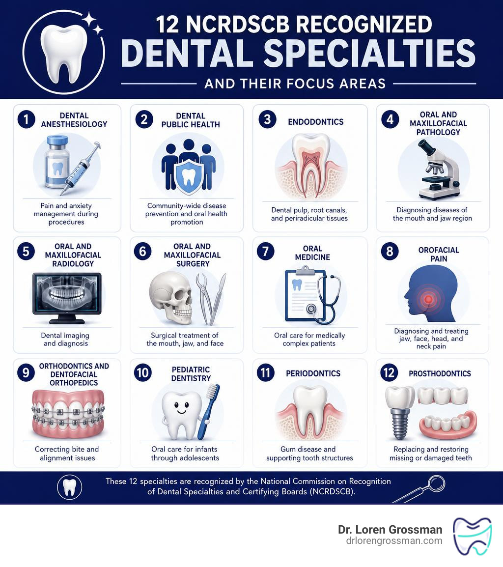 Infographic showing the 12 NCRDSCB recognized dental specialties and their focus areas infographic Infographic showing the 12 NCRDSCB recognized dental specialties and their focus areas infographic