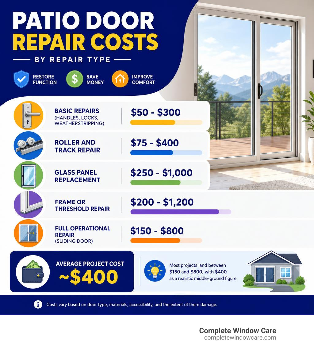 Infographic showing patio door repair cost ranges by repair type including rollers tracks glass and frame infographic