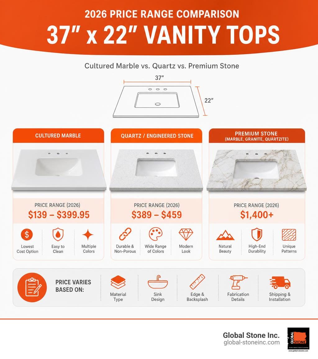 Infographic comparing 2026 price ranges for cultured marble quartz and premium stone vanity tops infographic Infographic comparing 2026 price ranges for cultured marble quartz and premium stone vanity tops infographic