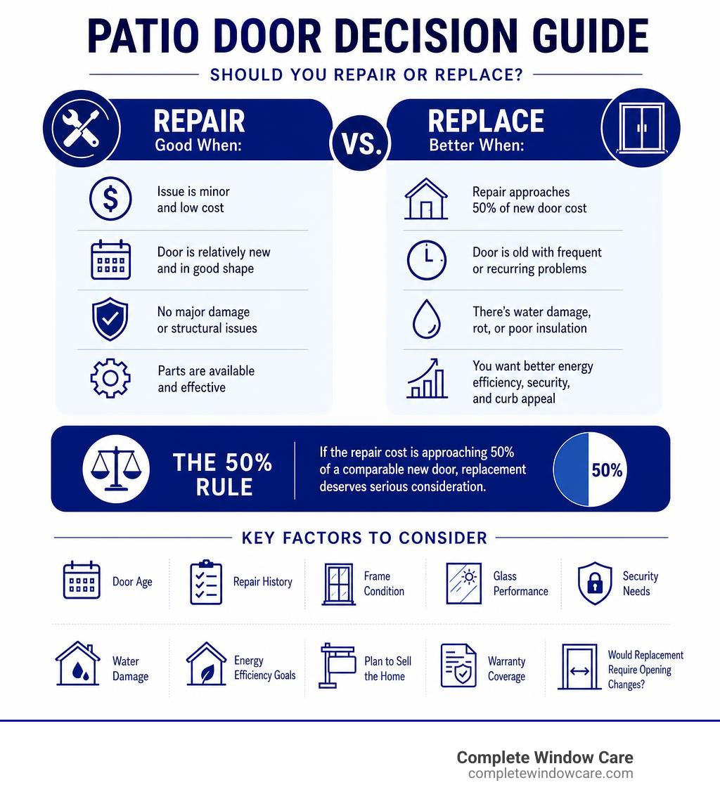 Infographic showing repair versus replacement decision factors for patio doors infographic