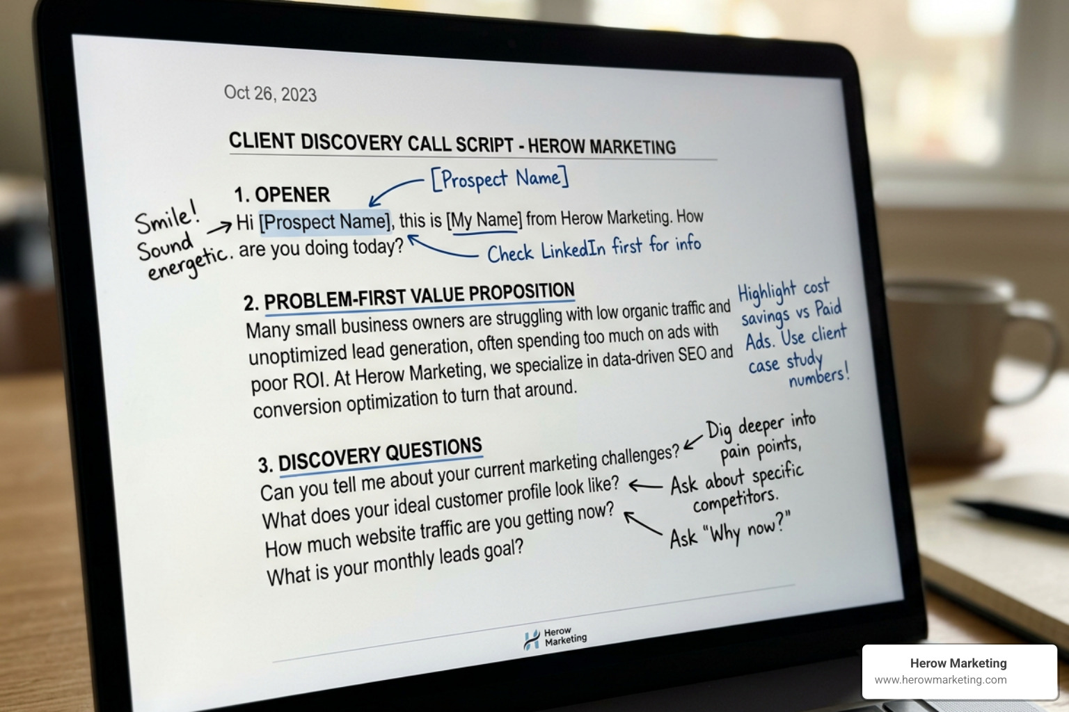 annotated cold calling script framework showing opener, problem-first value prop, and discovery questions