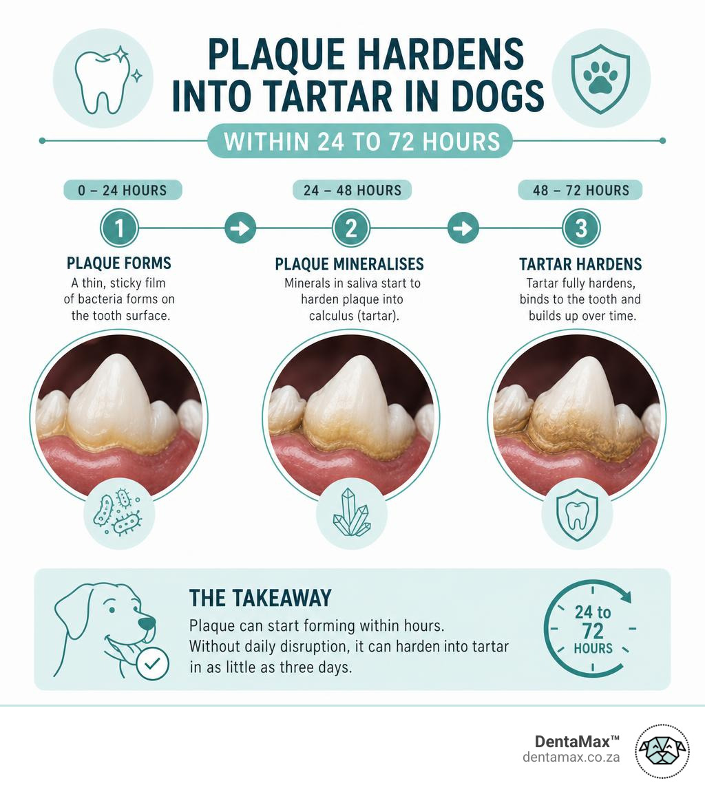 plaque hardens into tartar in dogs within 24 to 72 hours infographic showing stages infographic