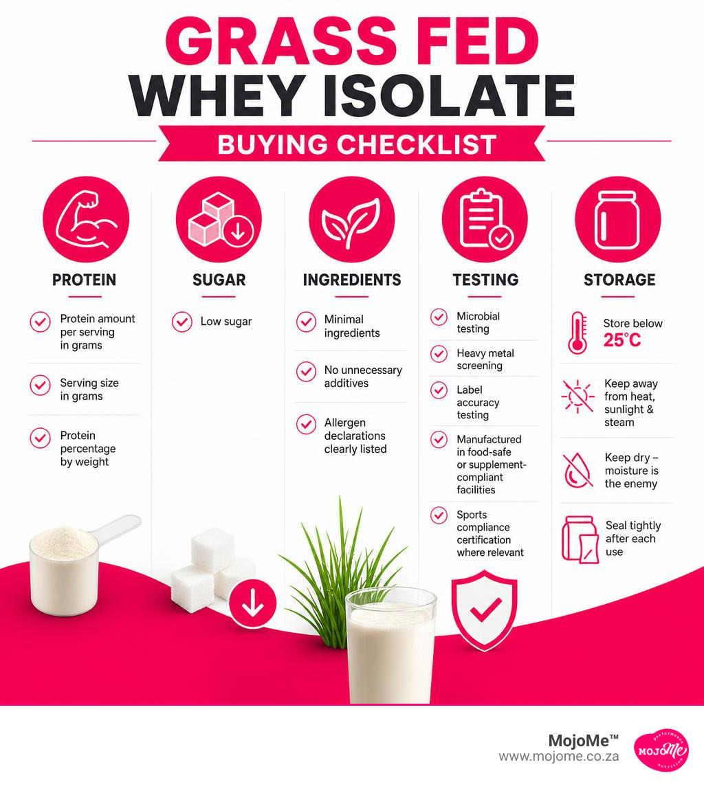 Grass fed whey isolate buying checklist: protein, sugar, ingredients, testing and storage infographic Grass fed whey isolate buying checklist: protein, sugar, ingredients, testing and storage infographic