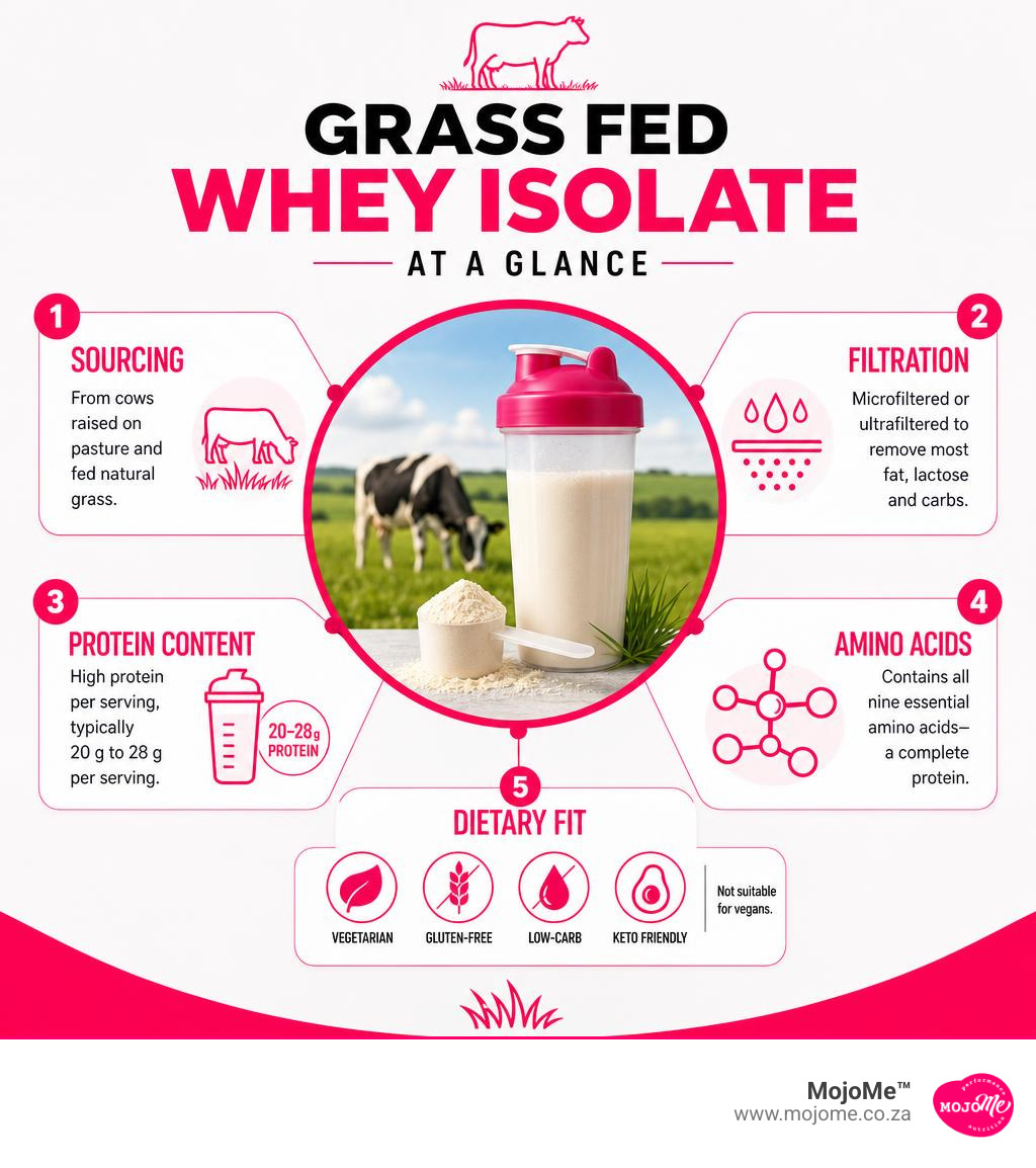 Grass fed whey isolate at a glance: sourcing, filtration, protein content, amino acids and dietary fit infographic Grass fed whey isolate at a glance: sourcing, filtration, protein content, amino acids and dietary fit infographic
