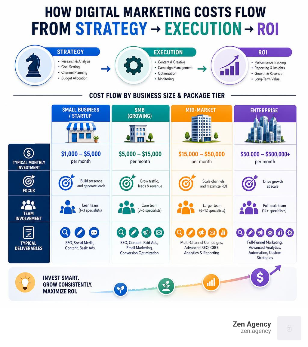 How digital marketing costs flow from strategy to execution to ROI by business size and package tier infographic How digital marketing costs flow from strategy to execution to ROI by business size and package tier infographic
