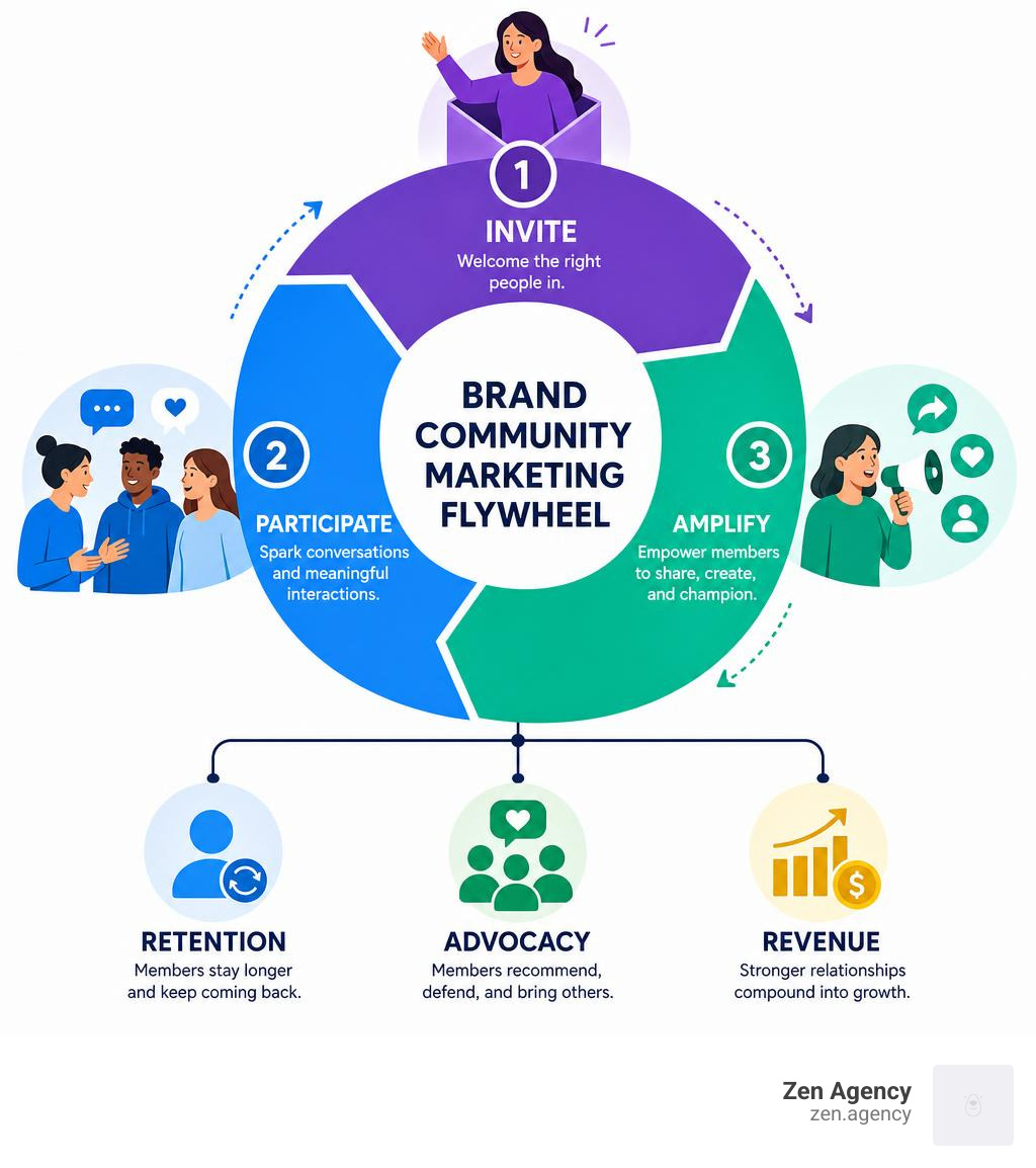 Brand community marketing flywheel: Invite, Participate, Amplify, leading to retention, advocacy, and revenue infographic Brand community marketing flywheel: Invite, Participate, Amplify, leading to retention, advocacy, and revenue infographic