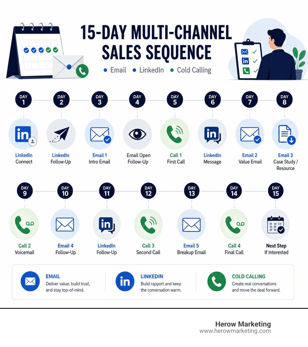 15-day multi-channel sales sequence combining email, LinkedIn, and cold calling infographic