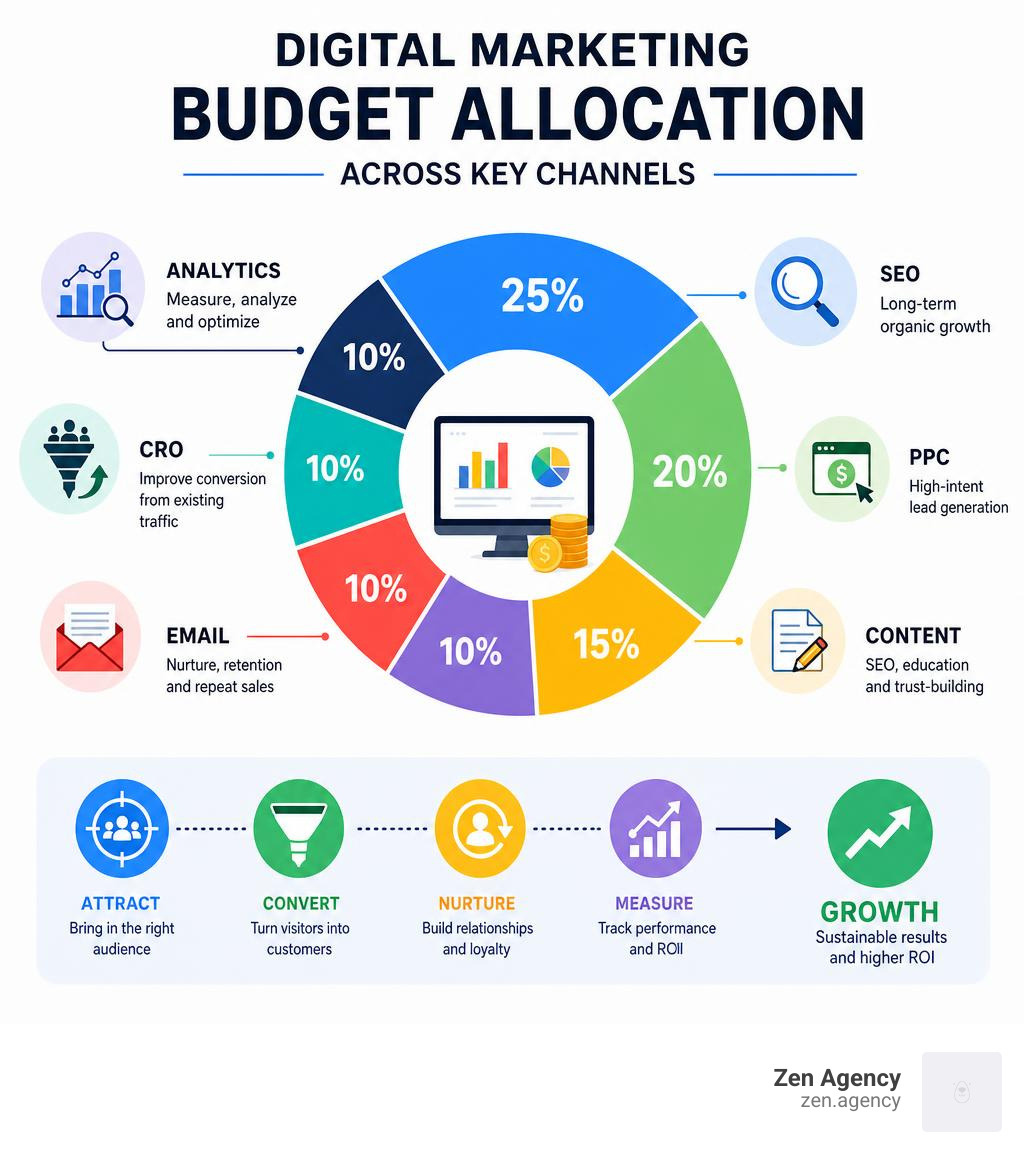 Digital marketing budget allocation across SEO PPC content email CRO and analytics infographic Digital marketing budget allocation across SEO PPC content email CRO and analytics infographic