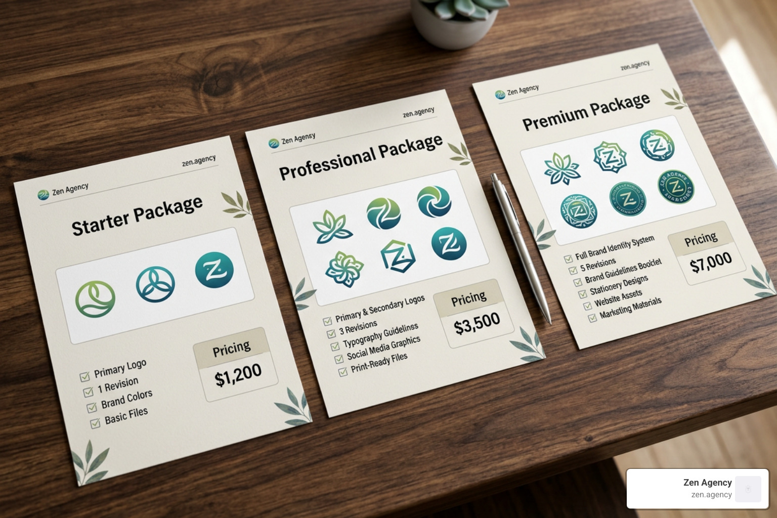 side by side logo design package comparison board