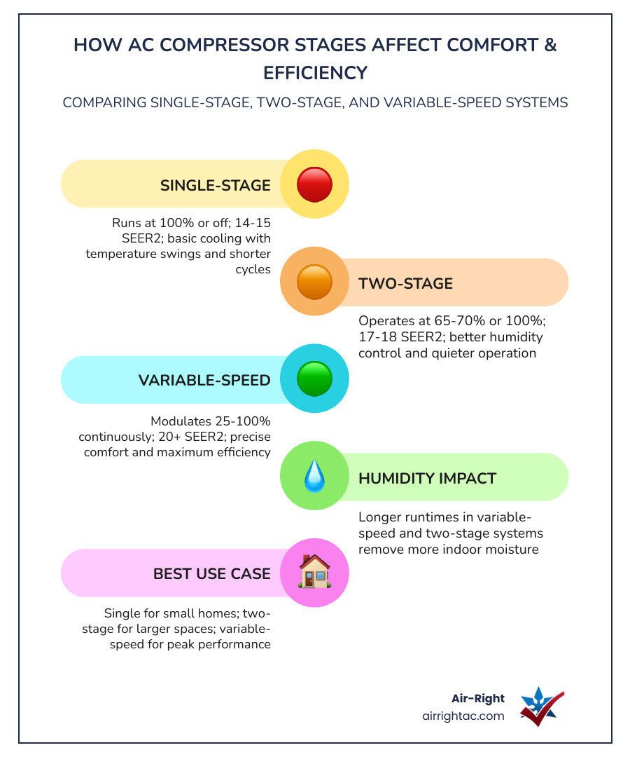 Infographic comparing single-stage, two-stage, and variable-speed AC: capacity ranges, SEER2 ratings, humidity control
