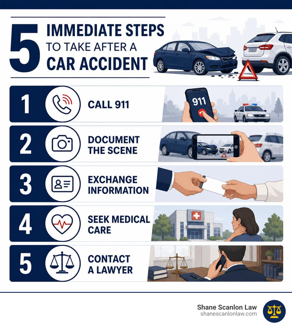 Infographic: 5 immediate steps to take after a car accident — call 911, document the scene, exchange information, seek Infographic: 5 immediate steps to take after a car accident — call 911, document the scene, exchange information, seek