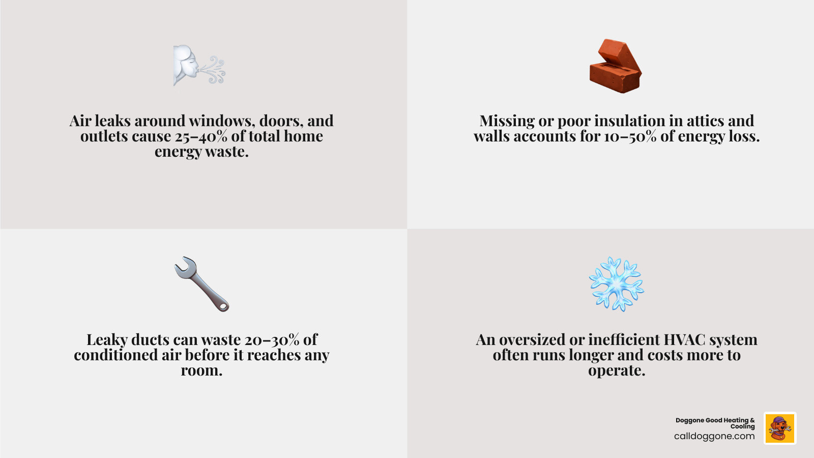 Infographic showing percentage of energy wasted in homes: air leaks, ducts, insulation, HVAC, appliances, lighting