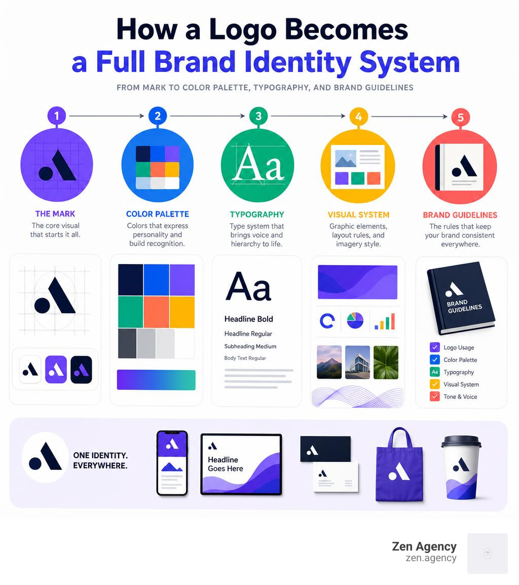How a logo becomes a full brand identity system  from mark to color palette, typography, and brand guidelines infographic