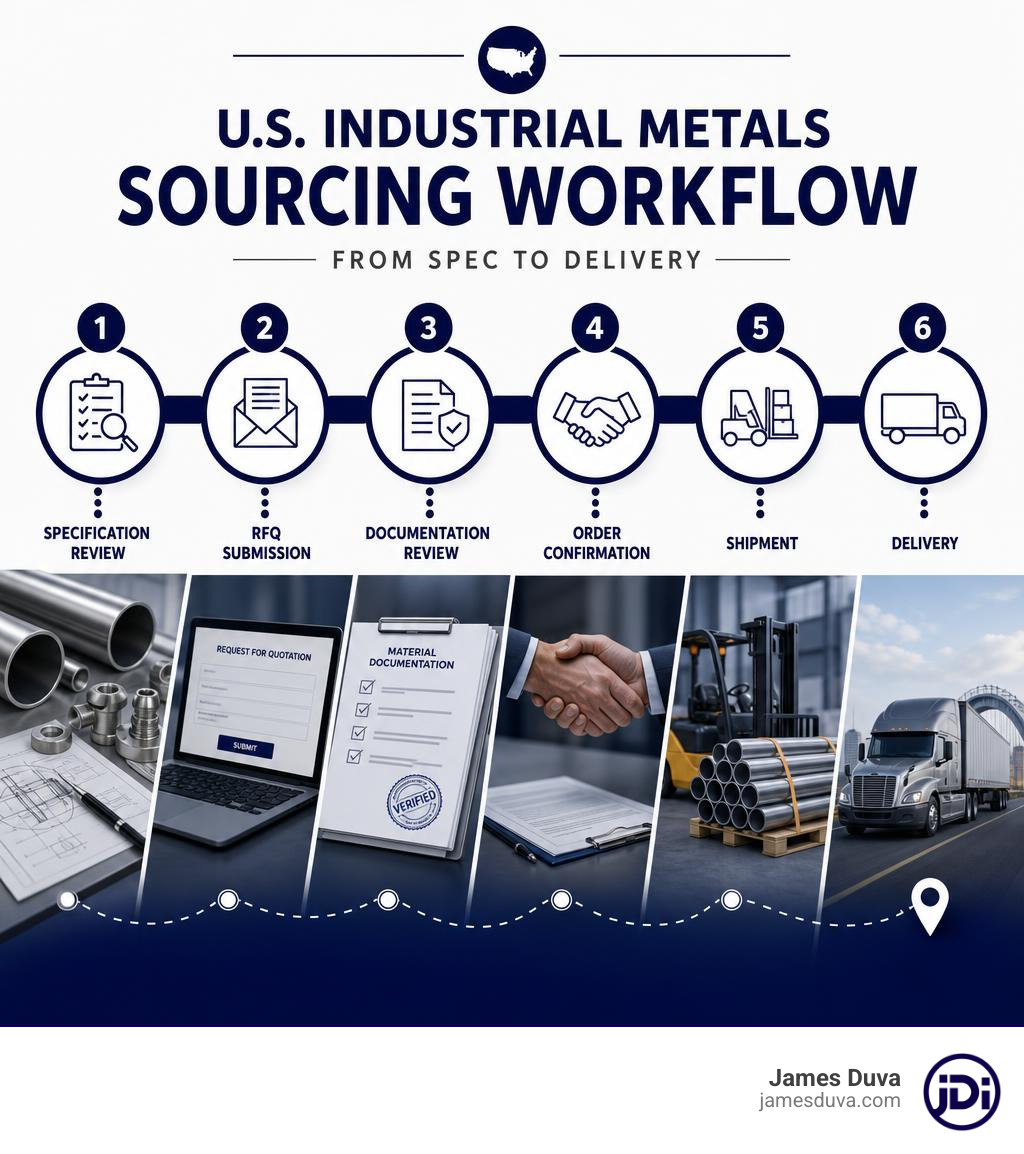 Infographic showing U.S. industrial metals sourcing workflow: specification review, RFQ submission, documentation review