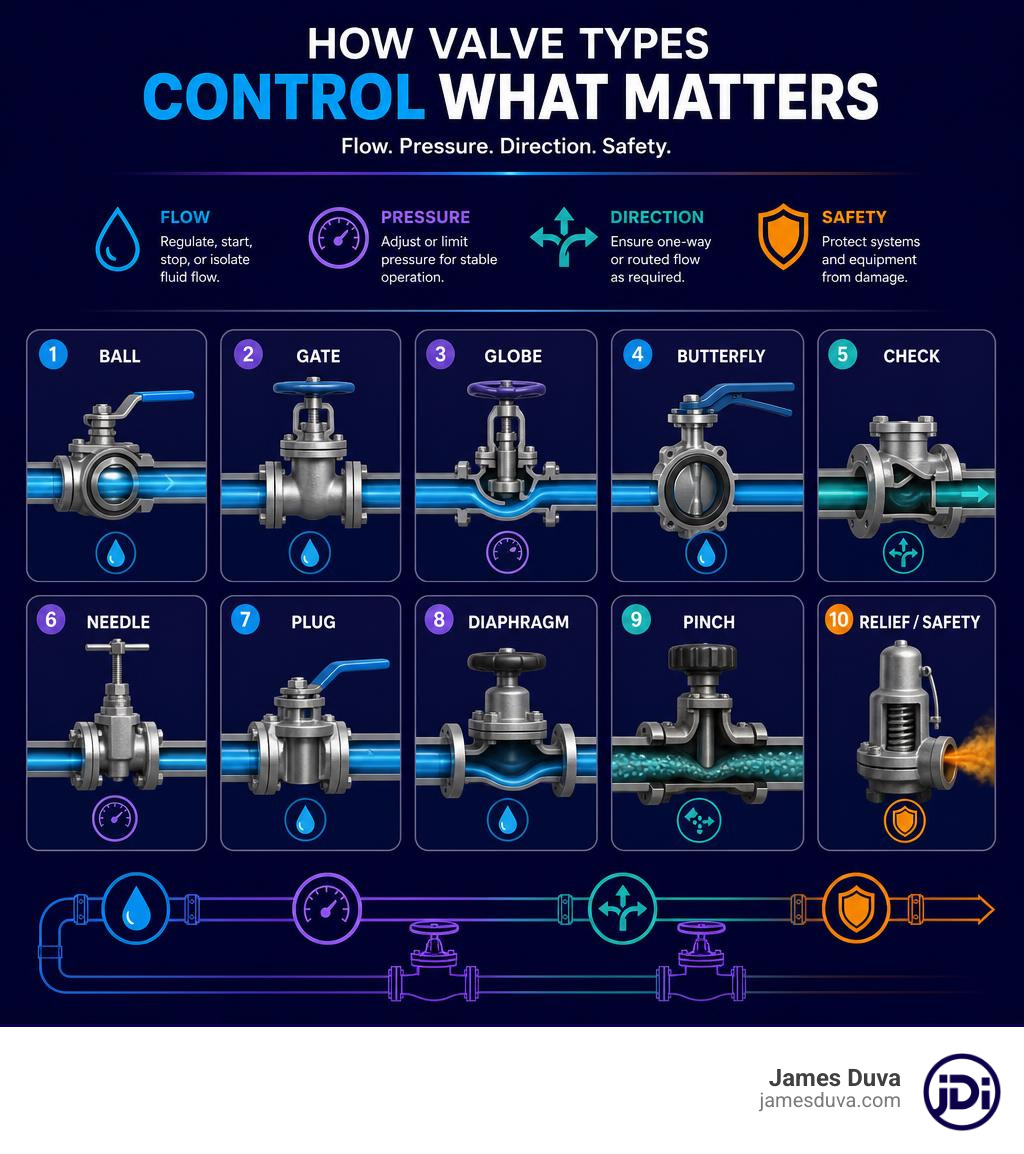 Infographic showing how different valve types control flow, pressure, direction, and safety in piping systems infographic