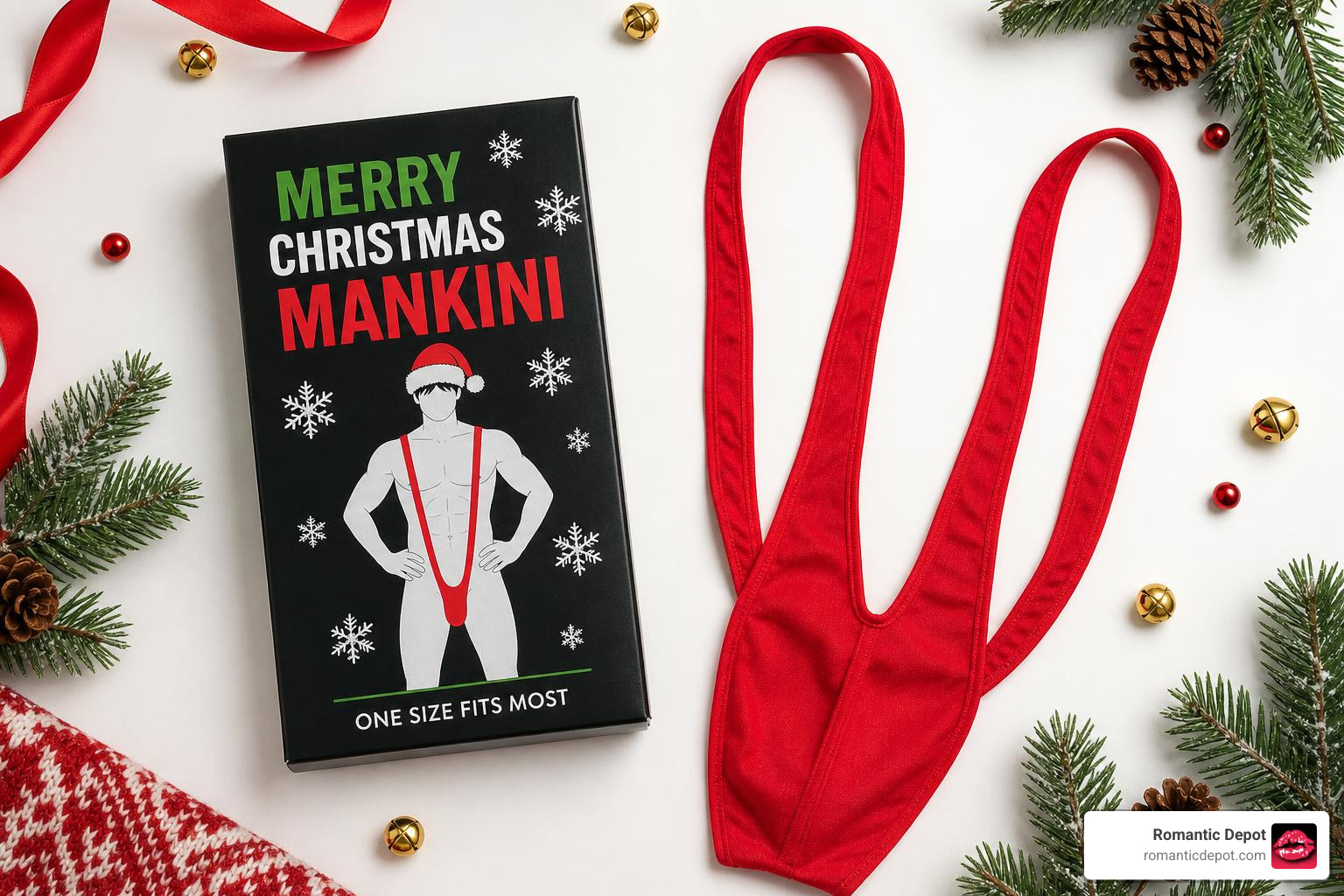 funny Christmas mankini gift concept holiday flat lay
