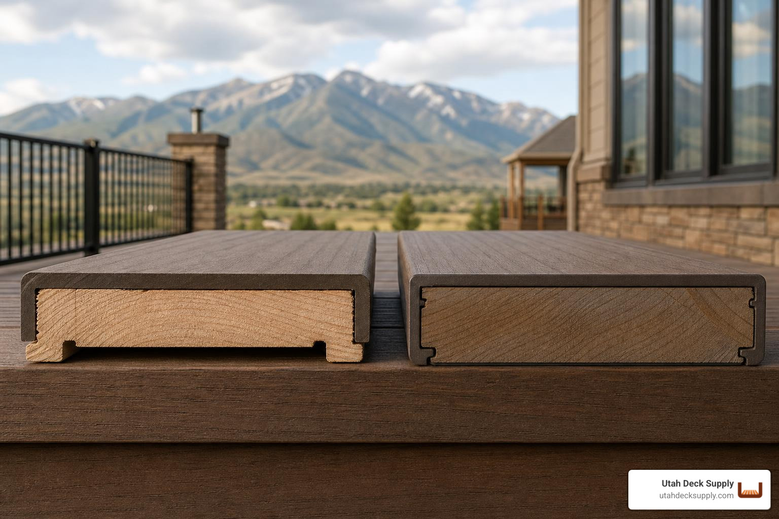 3-sided Trex cap and 4-sided TimberTech cap cross section on Utah deck boards