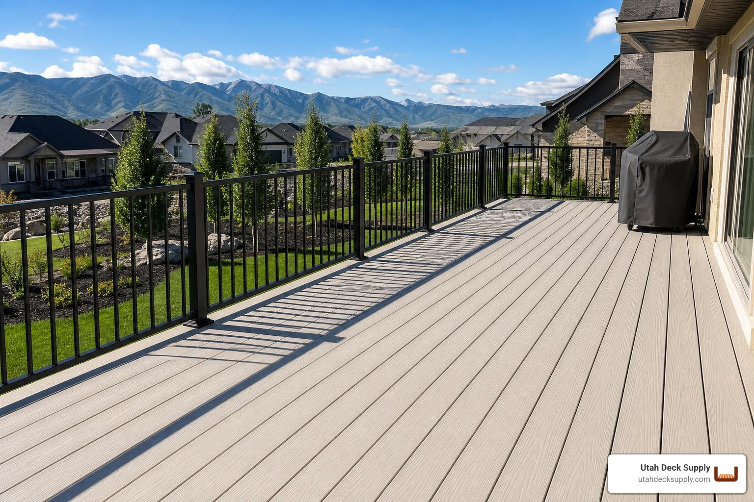 Light colored composite deck boards in full Utah sun with no people in afternoon light