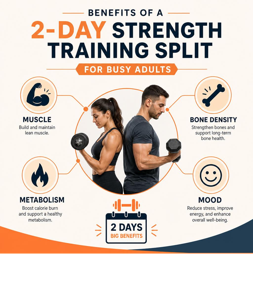 Benefits of a 2-day strength training split for busy adults: muscle, bone density, metabolism, mood infographic Benefits of a 2-day strength training split for busy adults: muscle, bone density, metabolism, mood infographic