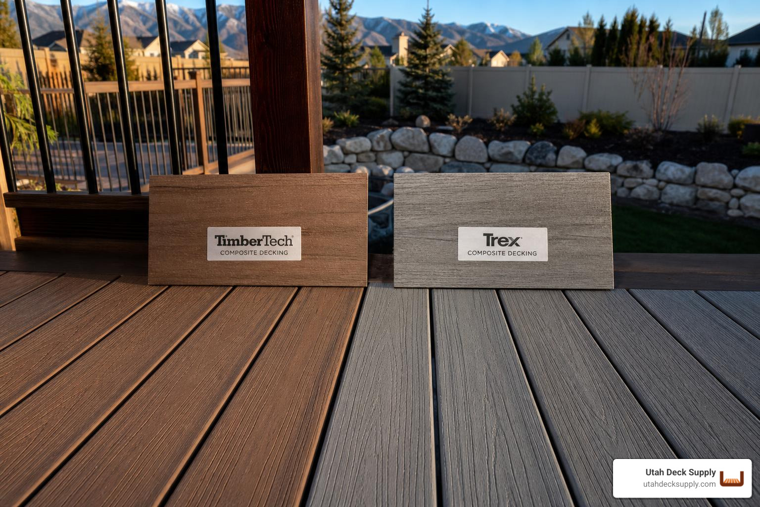 TimberTech vs Trex composite deck boards side by side in afternoon Utah backyard light