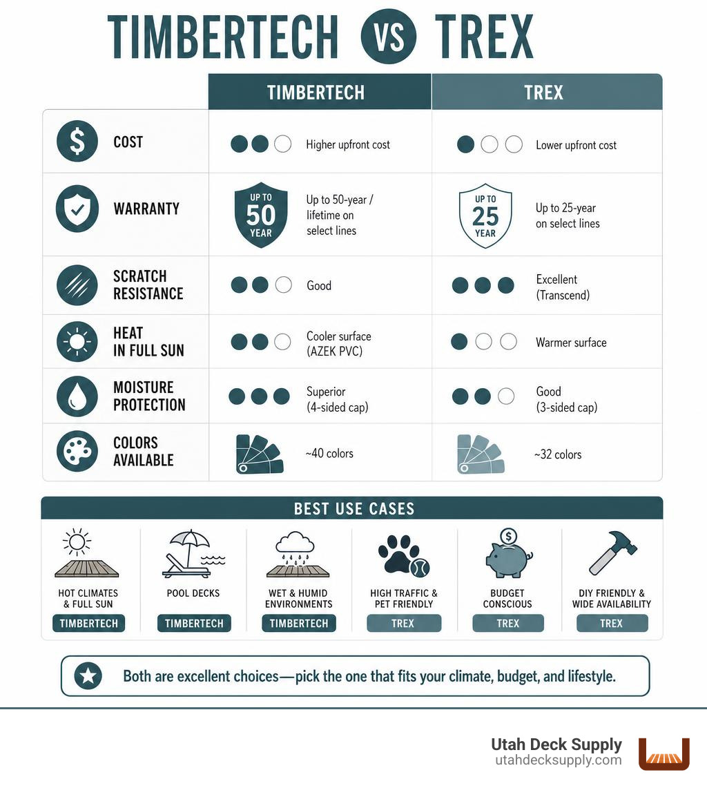 TimberTech vs Trex comparison infographic: cost, warranty, scratch resistance, heat, moisture, colors, and best use cases