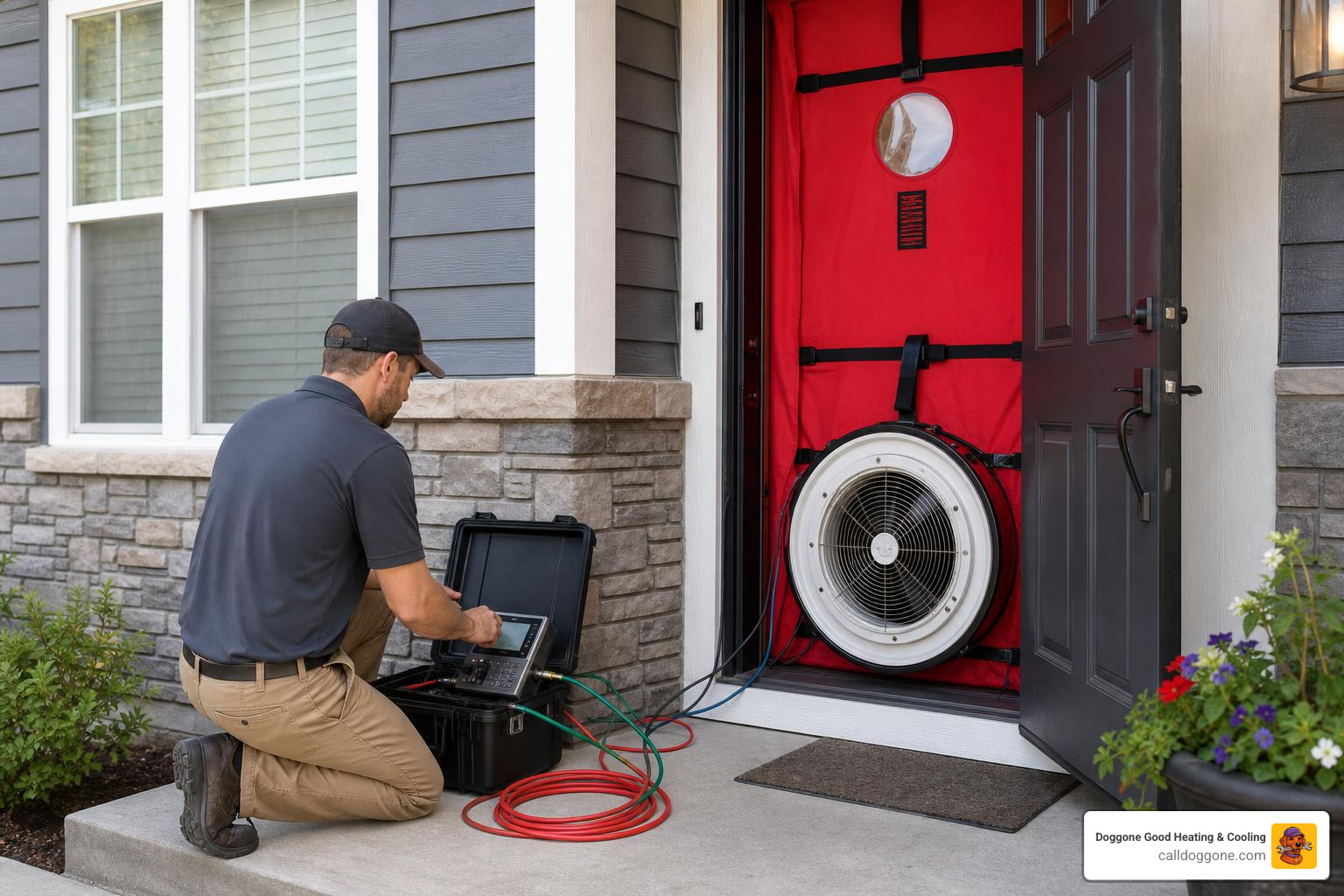 technician conducting a blower door test on a home to find air leaks