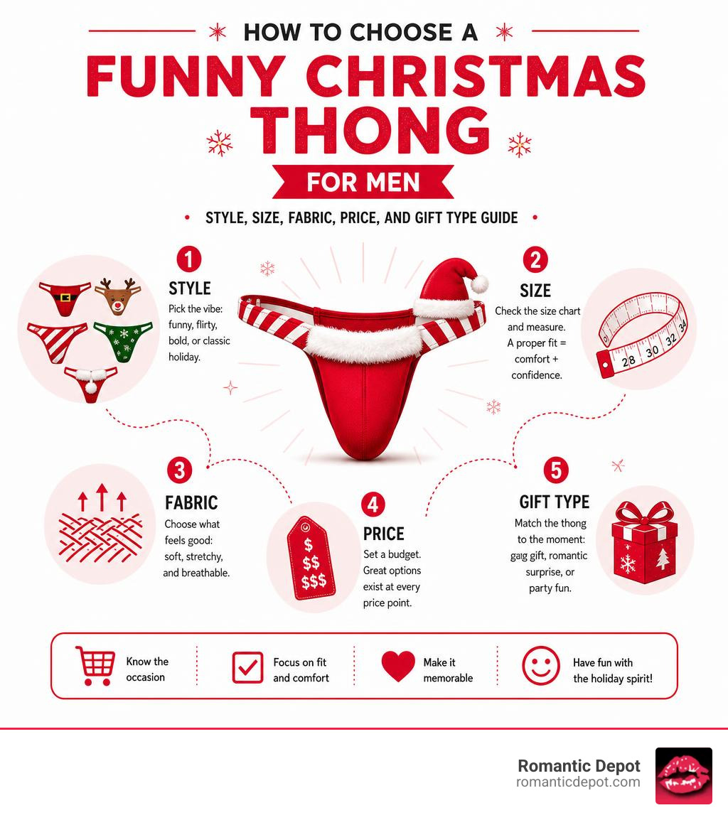 Infographic: How to choose a funny Christmas thong for men - style, size, fabric, price, and gift type guide infographic