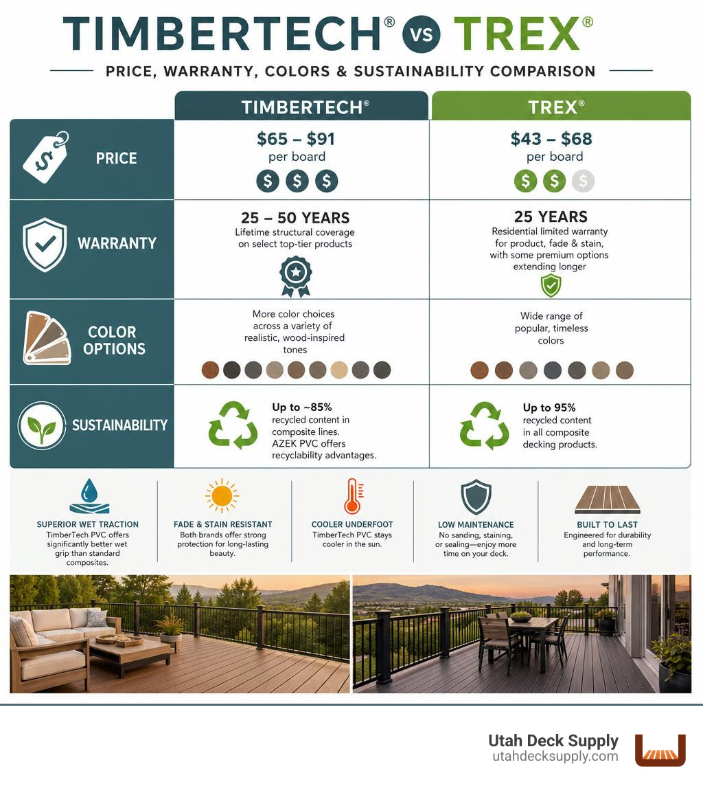 TimberTech vs Trex price warranty colors and sustainability comparison chart infographic