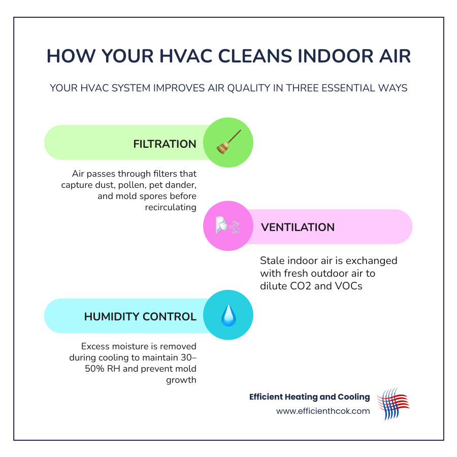 Infographic showing how air moves through an HVAC system: return air intake, filter, blower, evaporator coil, supply ducts