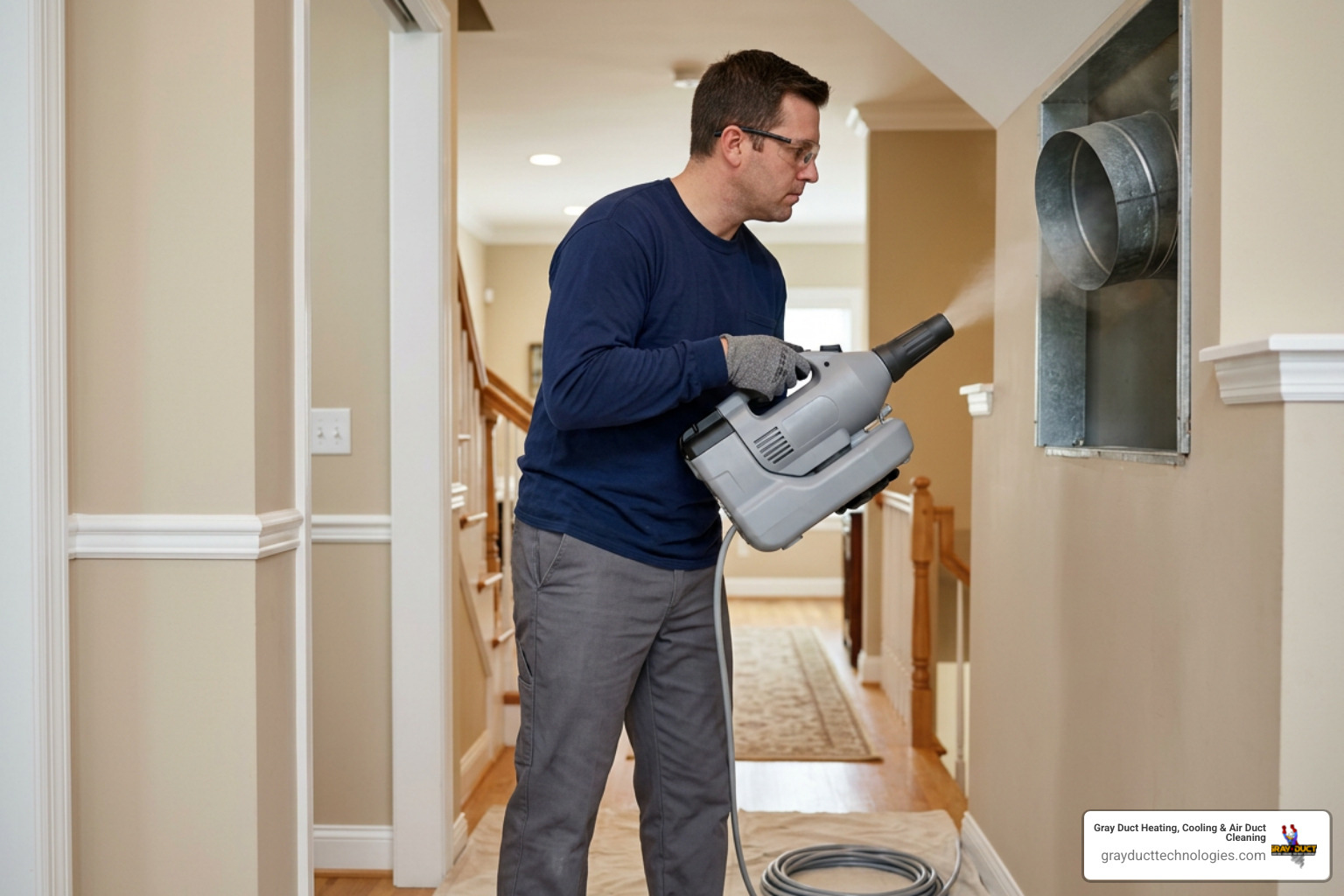 technician using ULV fogger at clean HVAC duct opening in a residential home