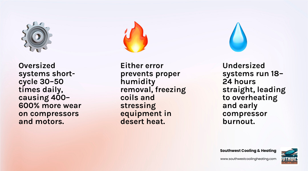 Infographic showing how oversized and undersized HVAC systems cause premature equipment failure through short cycling and Infographic showing how oversized and undersized HVAC systems cause premature equipment failure through short cycling and